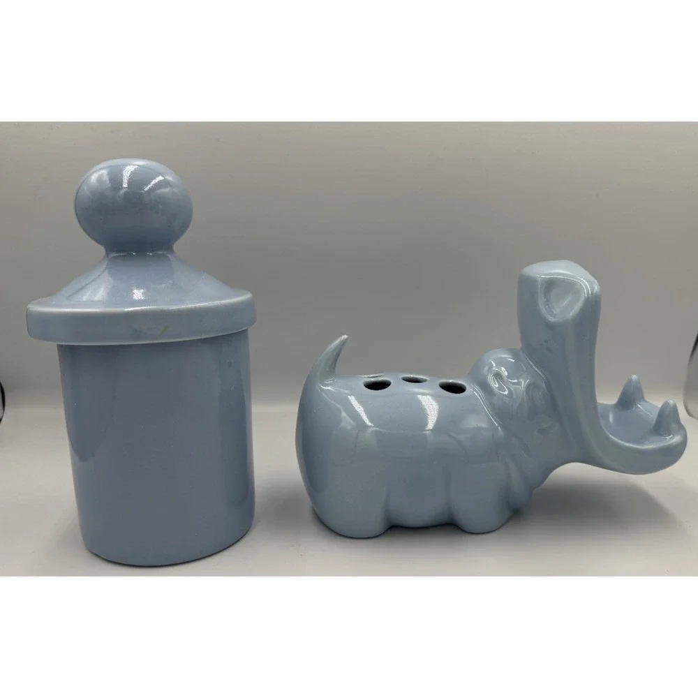 Vintage Blue Ceramic‎ Hippo Soap Toothbrush pen card Holder Cup Animal Bathroom